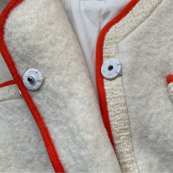 Pushbutton Boucle Cream With Orange Trim Snap Button Collarless Blazer Large - Picture 8 of 12